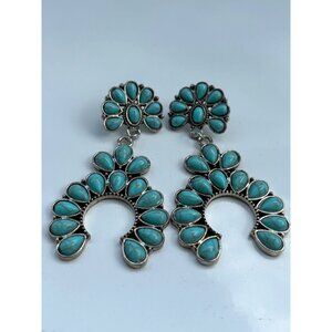 Vintage-Style Turquoise Floral Dangle Earrings With Crescent Drop